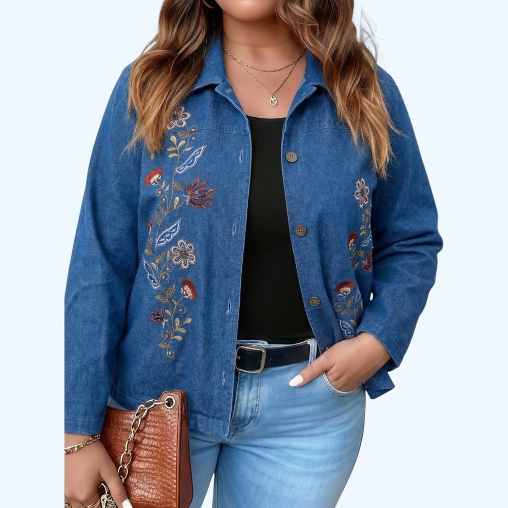 Alfred Dunner Floral Embroidered Denim‎ Jacket Size 14 Blue Stretch Button Front